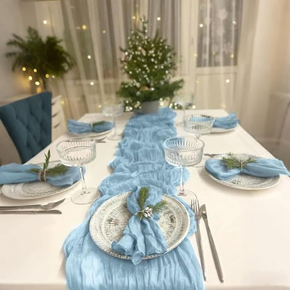 3 Pack Baby Blue Table Runner Boho Gauze Cheesecloth Table Runner 120 Inches Long Light Blue Cheese Cloth Runner for Wedding Bridal Baby Shower Birthday Party Thanksgiving Decor