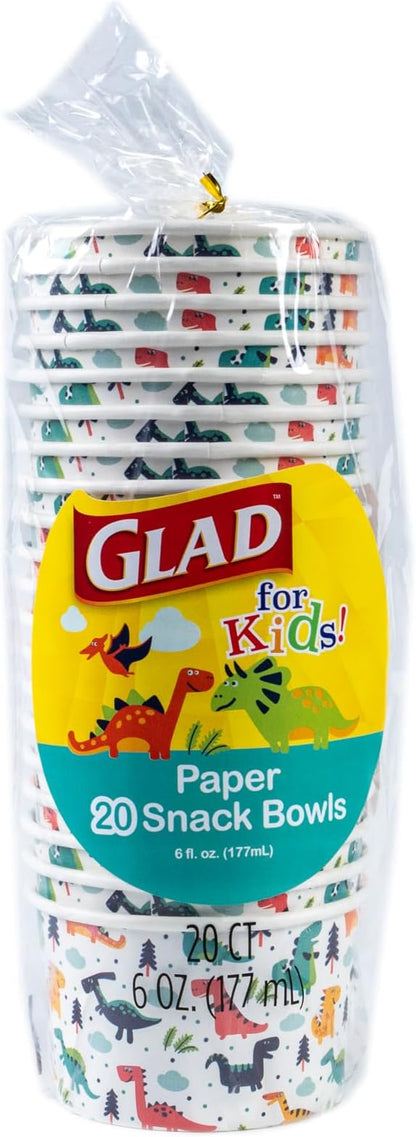 Glad for Kids Dinosaur Paper MINI Snack Bowls, Lids Not Included - Disposable Paper Cups with Dino Design for Kids, Heavy Duty Small Size, 6 Ounces, 20 Count - 10 Pack