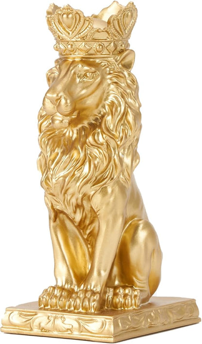 Lion Statue Decor 9 inch Resin, Gold Decor Accent Crown Lion Statue Man Home Office Desk Table Shelf Decoration, Men Father Leo Gift