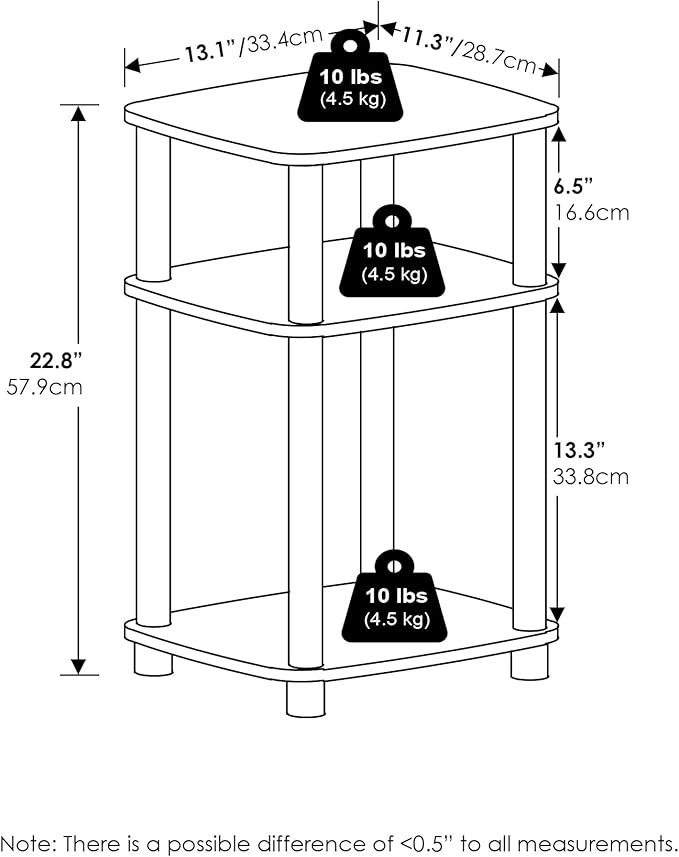 Furinno JUST Side Table Set of 2, 3-Tier Turn-N-Tube End Table with Open Shelf, Round Curve Corner Night Stand, Bedside Table, Easy Assembly, for Living Room, Bedroom, Columbia Walnut