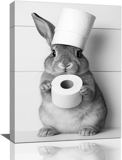 Bunny Bathroom Wall Art, Rabbit Pictures Wall Decor, Animal Canvas Prints Painting, Framed Artwork For Bathroom Living Room Bedroom Office Dining Room 20"X16"