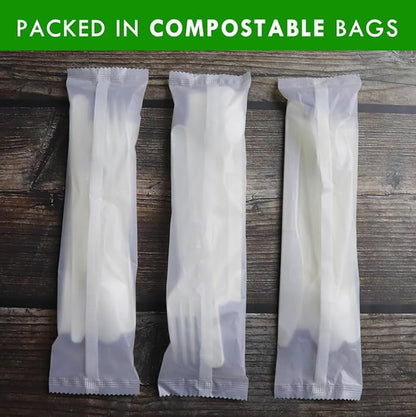 GreenWorks 7" Heavy-duty Compostable Cutlery Kits, BPI Certified, 200 Sets (Fork, Spoon,Knife,Napkin 4 in 1) Individually Wrapped With Compostable Bags，Alternative to Plastic Disposable Utensils