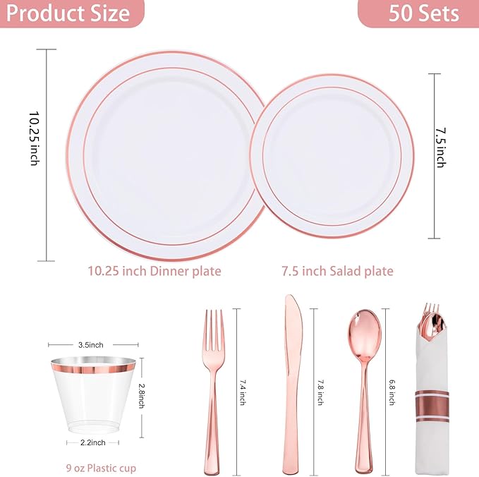 WELLIFE 350Pcs Rose Gold Plastic Plates for 50 Guests - Plastic Dinnerware Set,Party Supplies Includes 100 Rose Gold plates,150 Silverware,50 Napkins,50 Cups for Party and Christmas