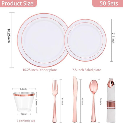 WELLIFE 350Pcs Rose Gold Plastic Plates for 50 Guests - Plastic Dinnerware Set,Party Supplies Includes 100 Rose Gold plates,150 Silverware,50 Napkins,50 Cups for Party and Christmas
