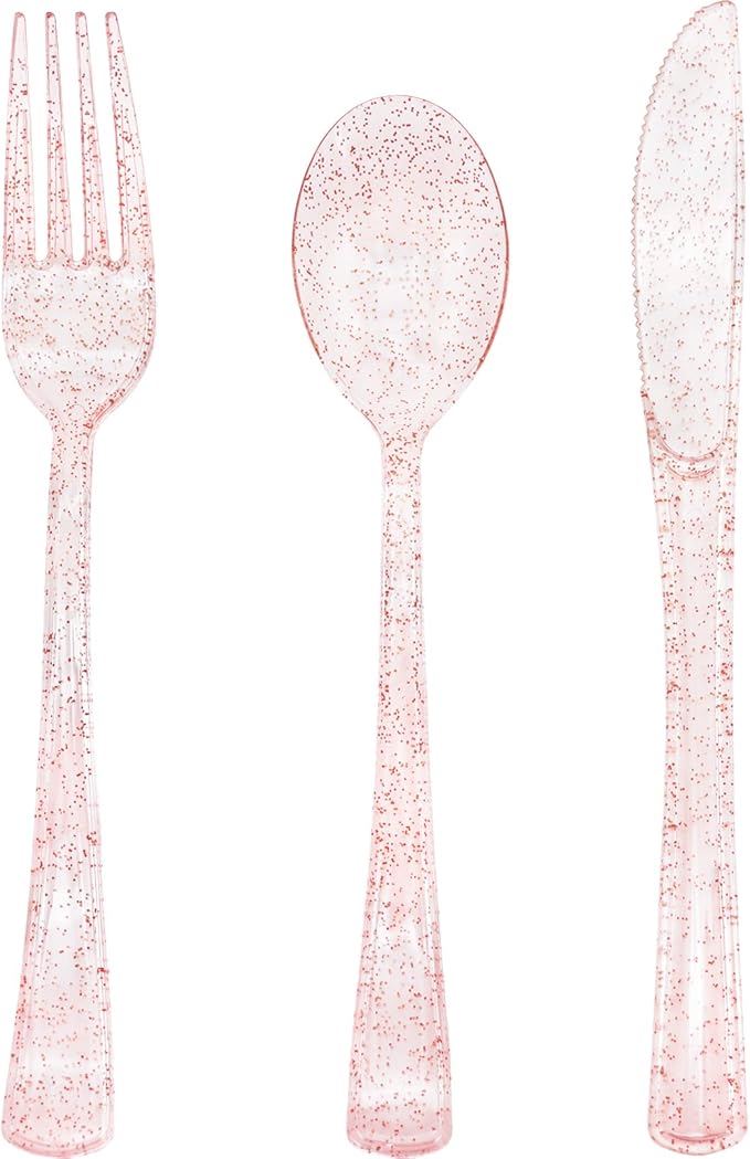 150 Pack Pink Glitter Plastic Silverware Disposable, Baby Shower Cutlery, 50 Pink Forks, 50 Rose Gold Spoons, 50 Rose Gold Knives for Brithday, Wedding, Baby Shower