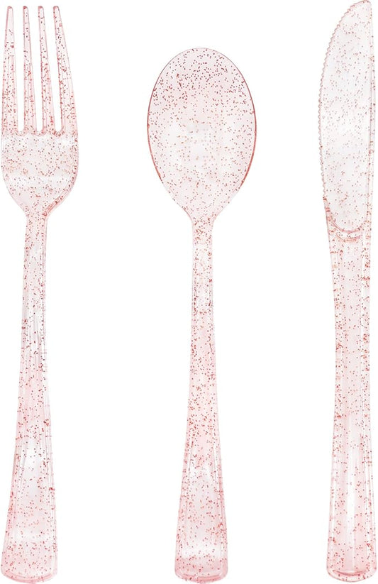 150 Pack Pink Glitter Plastic Silverware Disposable, Baby Shower Cutlery, 50 Pink Forks, 50 Rose Gold Spoons, 50 Rose Gold Knives for Brithday, Wedding, Baby Shower