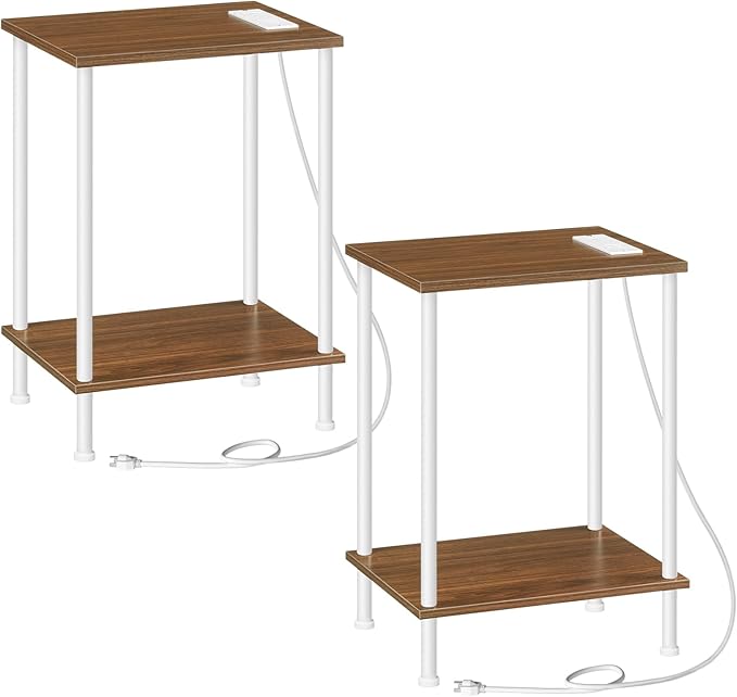 HOOBRO Side Table with Charging Station, Set of 2 End Table with USB Port and Outlets, Nightstand with 2-Layer Storage Shelves for Small Spaces, Living Room, Bedroom, Walnut and White WH09UBZP201