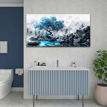 FUHAIHUA Large Wall Decor For Living Room Canvas Wall Art For Bedroom Office Decor Black And White Wall Pictures Artwork Blue Tree Landscape Painting Ready To Hang Hotel Room Home Decoration 24x48