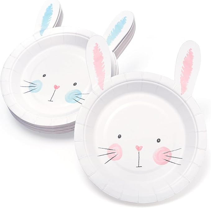 Cheerland Bunny Birthday Paper Plates in Pink and Blue Rabbit Party Decoration for Gender Reveal Baby Shower Easter Egg Hunt Themed Party Supplies Spring Garden Tea Party Decorations (Pack of 24)