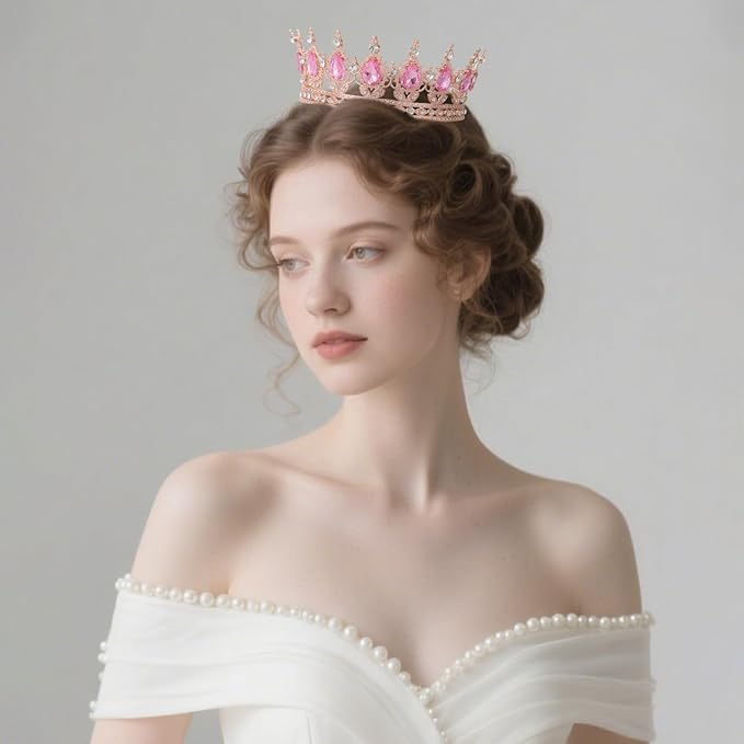 Rose Pink Crown for Women Crystal Tiara and Queen Crown for Girl Wedding Headband for Bride Hair Accessories for Costume Birthday Party Cake Decoration Prom
