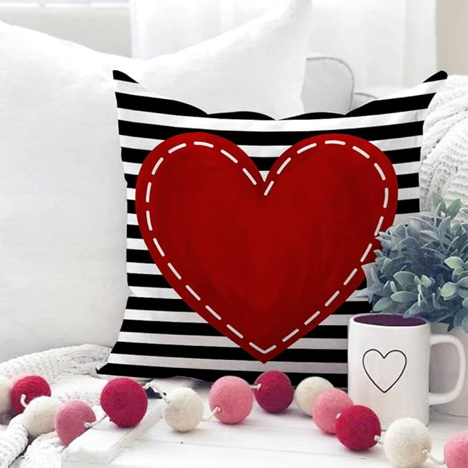 GEEORY Valentine's Day Pillow Covers 18 x 18 Inch Set of 4 - Red Black Stripes Love Heart I Love You Throw Pillows Decorative Cushion Cases for Valentine Decor