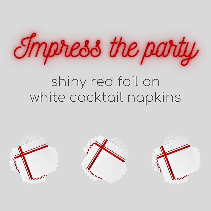 Red on White Cocktail Napkins - 100 Pack, 5" x 5", 3-Ply Paper - Style Name: Blissful Crossing
