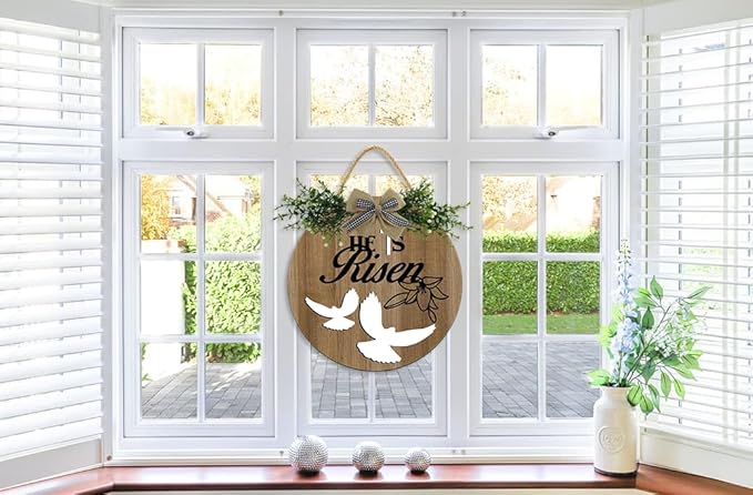 Boylee Easter Wooden Hanging Sign He Is Risen Sign Door Decoration with Bow Rustic Easter Wood Wreath Sign for Easter Spring Holiday Home Coffee Shop Bakery Farmhouse Window