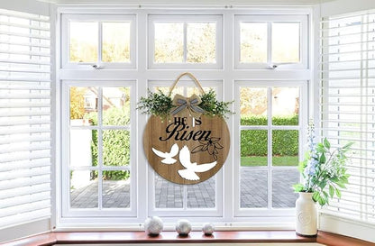 Boylee Easter Wooden Hanging Sign He Is Risen Sign Door Decoration with Bow Rustic Easter Wood Wreath Sign for Easter Spring Holiday Home Coffee Shop Bakery Farmhouse Window