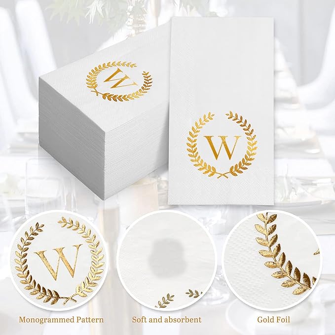 200 Pack Monogrammed Disposable Napkins Gold Foil Letter W Guest Napkins Initial Disposable Hand Paper Towels for Wedding Engagement Baby Shower Party Home Kitchen Bathroom Dinner Decorative Towels