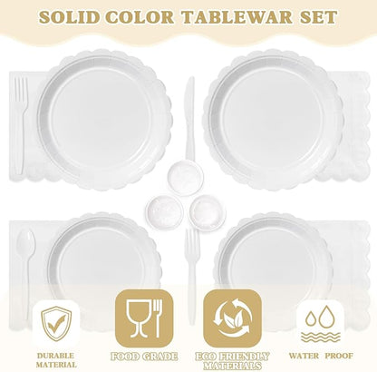 Vyntra 350 PCS Disposable Plates for Party, Paper Plates & Napkins Set with Cups, Knives, Forks, Spoons, 7'' Dessert and 9'' Dinner Plates for Wedding, Birthday, New Year’s Eve, Christmas - White