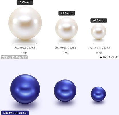 Hicarer 120 Pieces Pearl for Vase Filler Pearl Bead Vase Centerpieces Brush Holder Assorted Round Faux Bead for Crafting, Home Wedding Table Decor 14/20/30 mm (Creamy White, Royal Blue/Navy)