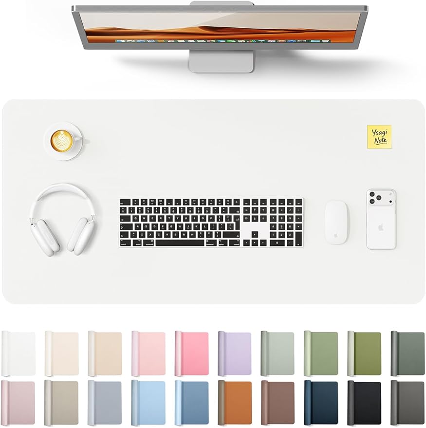 YSAGi Leather Desk Protector, Office Mat, Large Mouse Mat, Non-Slip PU Leather Blotter, Laptop Desk Pad, Waterproof Writing Pad for Office and Home (White, 35.4" x 17")