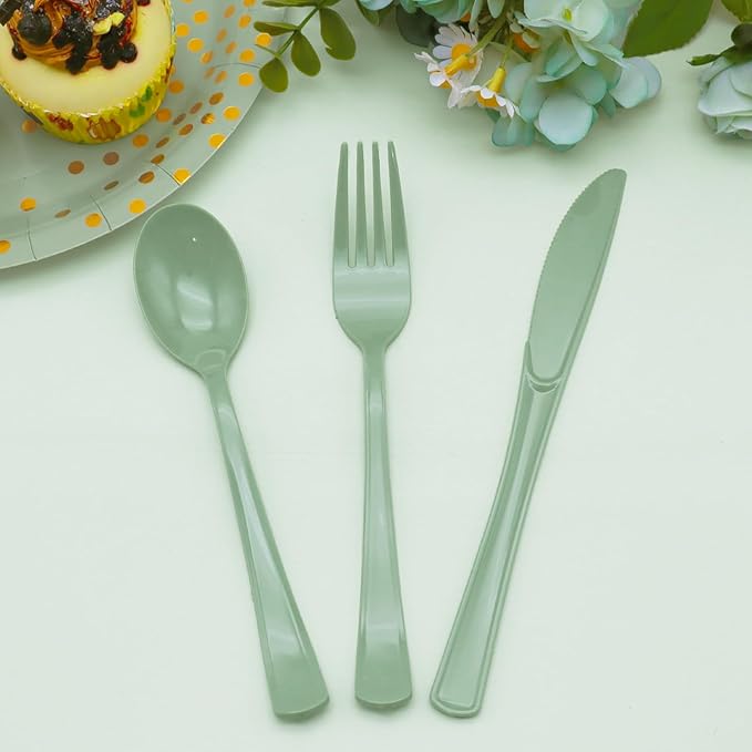 150 PCS Sage Green Plastic Silverware Heavy Duty Green Silverware Disposable Include 50 Disposable Plastic Forks, 50 Knives, 50 Spoons for Birthday, Baby Shower, Picnic, Spring Party, Wedding