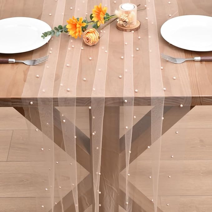 Nude Pearl Fall Thanksgiving Table Runner Boho Rustic Tulle Lace Table Runner for Baby Shower Wedding Arch Decor Veil Dessert Table Decor 3pcs