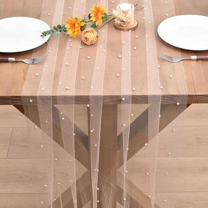 Nude Pearl Fall Thanksgiving Table Runner Boho Rustic Tulle Lace Table Runner for Baby Shower Wedding Arch Decor Veil Dessert Table Decor 3pcs