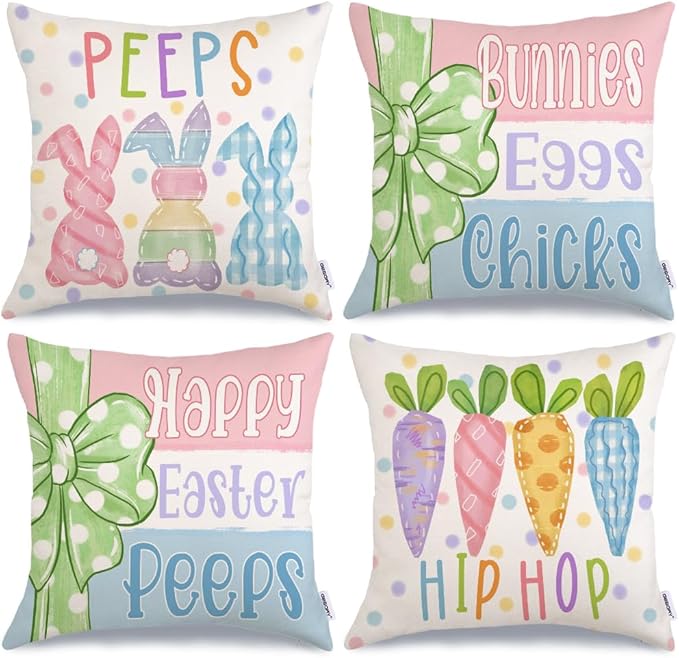 GEEORY Happy Easter Peeps Pillow Covers 20x20 Inch Set of 4, Striped Bunnies Eggs Chicks Rabbits Carrots Decorative Farmhouse Throw Pillowcases for Home Sofa Couch Decoration G461-20