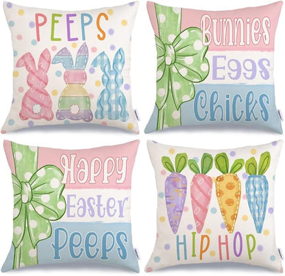 GEEORY Happy Easter Peeps Pillow Covers 18x18 Inch Set of 4, Striped Bunnies Eggs Chicks Rabbits Carrots Decorative Farmhouse Throw Pillowcases for Home Sofa Couch Decoration G461-18