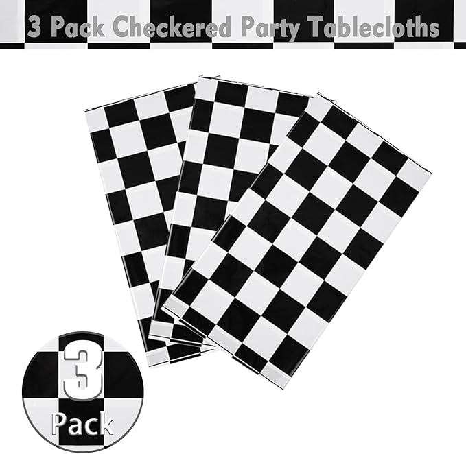 Kesfey 3 Packs Black and White Checkered Tablecloths 54 x 108 Inches Disposable Plastic Checkered Flag Racing Table Cover Waterproof Rectangle Race Car Table Cloth for Picnic Party Retro Celebration
