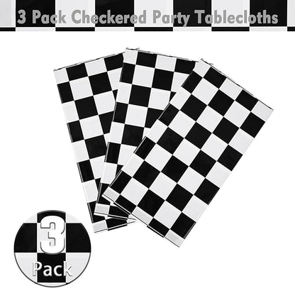 Kesfey 3 Packs Black and White Checkered Tablecloths 54 x 108 Inches Disposable Plastic Checkered Flag Racing Table Cover Waterproof Rectangle Race Car Table Cloth for Picnic Party Retro Celebration