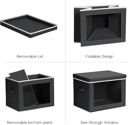 Storage Bins with Lids - Small Fabric Organizers with Window, Collapsible Storage Bins for Clothes, Decorative Closet Organizers for Towels, Tshirt, 4 Pack, Black