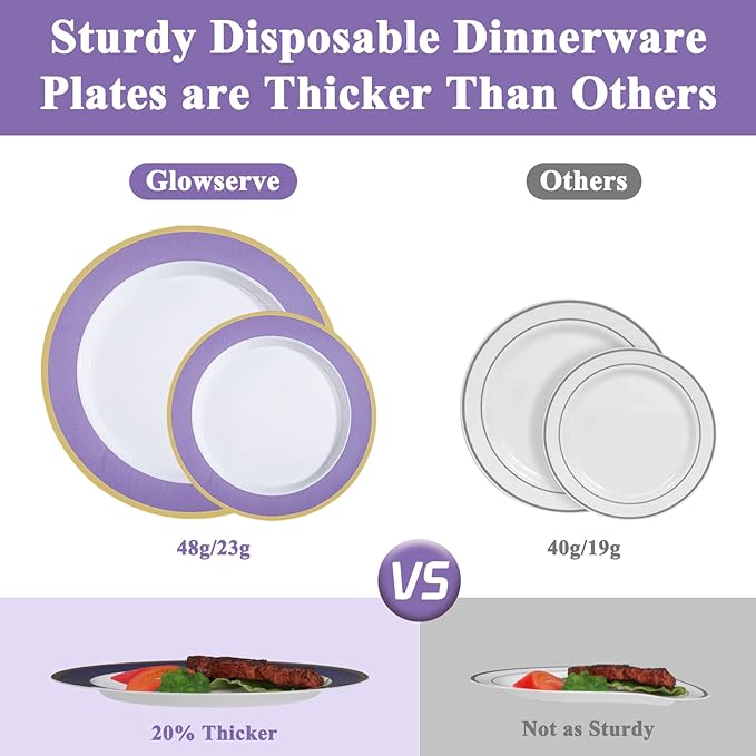 100PCS Purple Disposable Plastic Plates Include 50PCS 10.25inch Dinner Plate and 50PCS 7.5inch Dessert Plate Heavy Duty Plastic Dinnerware for Party Wedding Anniversary New Year