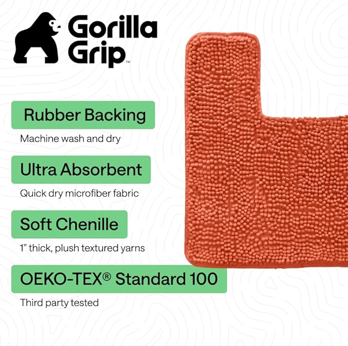 GORILLA GRIP Bathroom Rug Sets, Soft Chenille 2 Piece Area Rugs Set, Toilet Base Mat and 30x20 Carpet, Absorbent Microfiber Washable Mats Dry Quickly, Home Décor and Bath Room Accessories, Coral