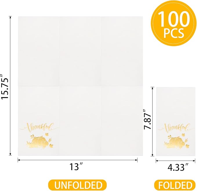 BUCLA 100-Count 3-Ply Thanksgiving Napkins - White and Gold Napkins Disposable & Pumpkin Paper Napkins Premium Quality - Gold Paper Napkins Dinner Size Soft, Absorbent for Thanksgiving Party