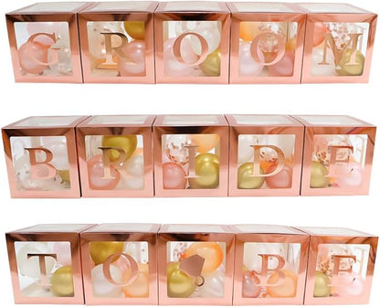 96 PC Bridal Shower Decorations Balloon Boxes Rose Gold - Transparent Block with BRIDE TO BE + GROOM + A - Z Letters and 40 Balloons- Engagement Bachelorette Parties Weddings Centerpieces Photo Booth