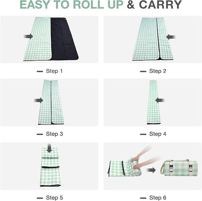 Picnic Blanket, 80''x80'' Waterproof Outdoor Blankets, Picnic Mat Washable for Beach, Picnic Blankets for Camping on Grass with Shoulder Strap - Green & White