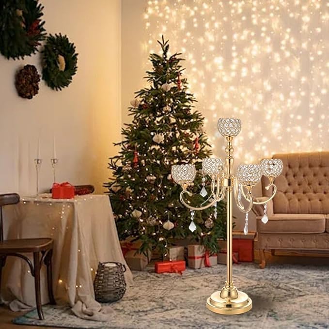 8PCS 5 Arm Gold Candelabra Centerpieces for Tables 33 Inches,Metal Crystal Candlestick Holders with Beaded Globe for Home Wedding Party Floor Candle Stand Home Decor centros de mesa de 15 años