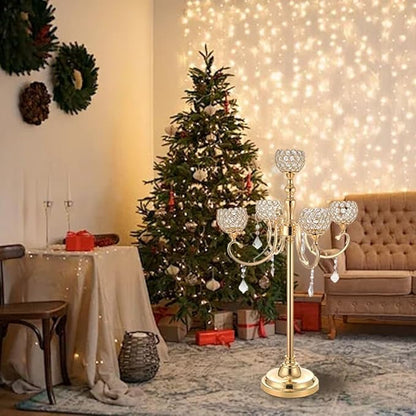 8PCS 5 Arm Gold Candelabra Centerpieces for Tables 33 Inches,Metal Crystal Candlestick Holders with Beaded Globe for Home Wedding Party Floor Candle Stand Home Decor centros de mesa de 15 años