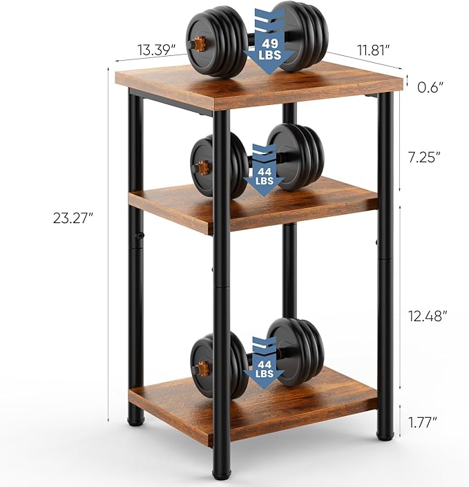 OLIXIS 3 Tier End Table for Small Space, Side Sofa Tables Storage Shelf, Nightstand with Adjustable Feet for Living Room, Bedroom, Office, Set of 2, Rustic Brown