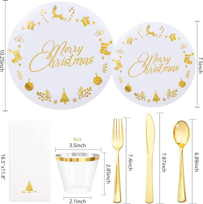 Ciaell 175 Pieces Christmas Plastic Plates - Christmas Gold Plastic Plates include 25Dinner Plate, 25Dessert Plate, 25Knives, 25Forks, 25Spoons, 25cups, 25 Napkins for Xmas Party
