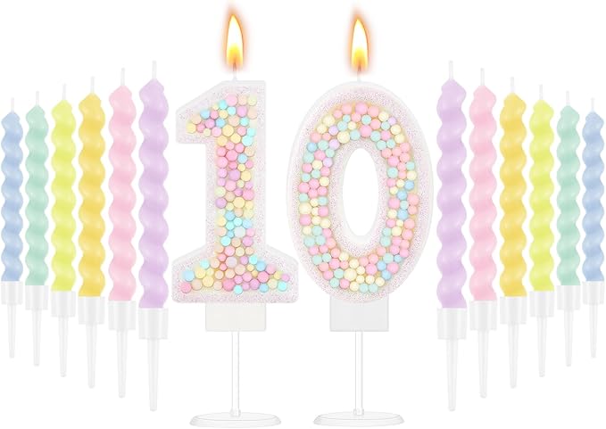 MTLEE Number 10 Birthday Candle with 12 Pcs Spiral Candles for Girls Macaron Pastel Rainbow Unicorn Pink Cake Topper for Sweet Theme Party Decoration