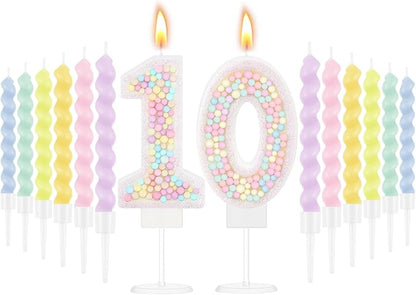 MTLEE Number 10 Birthday Candle with 12 Pcs Spiral Candles for Girls Macaron Pastel Rainbow Unicorn Pink Cake Topper for Sweet Theme Party Decoration
