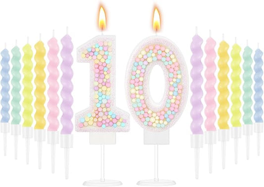 MTLEE Number 10 Birthday Candle with 12 Pcs Spiral Candles for Girls Macaron Pastel Rainbow Unicorn Pink Cake Topper for Sweet Theme Party Decoration