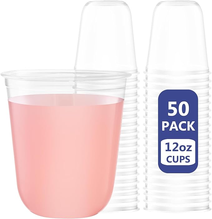WELLIFE 12 oz Clear Plastic Cups, 50 Pcs Disposable Wine Glasses Stemless Cocktail Punch Cups for Party Cold Drinking Wedding, Picnic, BBQ, Birthday