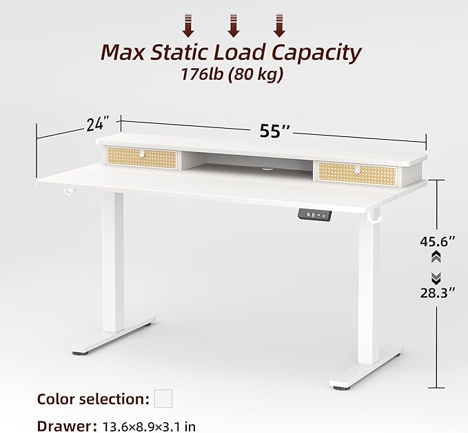 TIQLAB Standing Desk with Two Drawers, Stand Up Standing Desk Adjustable Height, Electric Sit Stand Table with Storage Shelf and Splice Board, 55 * 24 inch, White Wicker