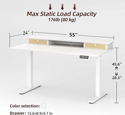 TIQLAB Standing Desk with Two Drawers, Stand Up Standing Desk Adjustable Height, Electric Sit Stand Table with Storage Shelf and Splice Board, 55 * 24 inch, White Wicker
