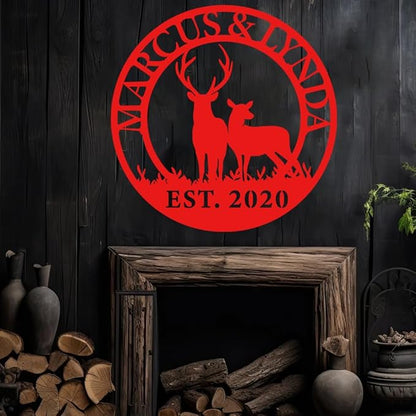 Personalized Deer Couple Metal Sign,Custom Deer Hunting Metal Wall Plaque, Rustic Hunting Lodge Wall Art, Custom Wildlife Gift for Men, Gift for Couples Anniversary, Family, Hunters, Nature Lovers