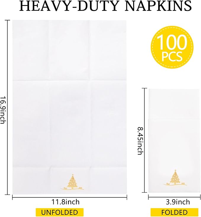 100PCS Christmas Napkins Disposable - Gold Paper Napkins with Built-in Flatware Pocket Prefolded Cloth Like - Heavy-duty Linen-Feel Dinner Napkins for Christmas & Party