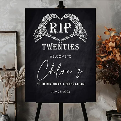 RIP Twenties 30th Birthday Welcome Sign, Personalized Funeral For My Youth Custom Celebration Sign, Chalkboard Skeleton Hands Decor.