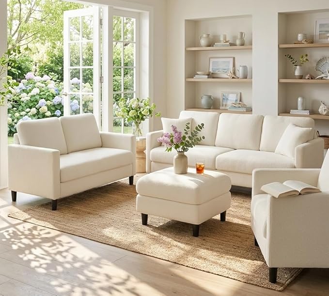 83" Couches for Living Room, Comfy Sofas for Living Room, Teddy Sofa Couch, Tool-Free Setup Loveseat Sofa, All-Wood Love Seat Couches, Small Couch 2 Pillows Included, Beige