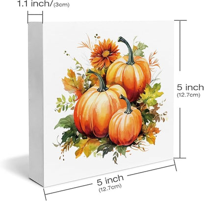 Fall Decor Farmhouse Pumpkins Wooden Box Sign Fall Harvest Decorations Rustic Home Desk Shelf Tabletop Decor 5 x 5 Inches